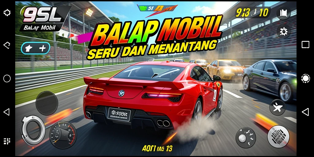 Antarmuka utama 9SL dengan mobil balap yang siap untuk bertanding.