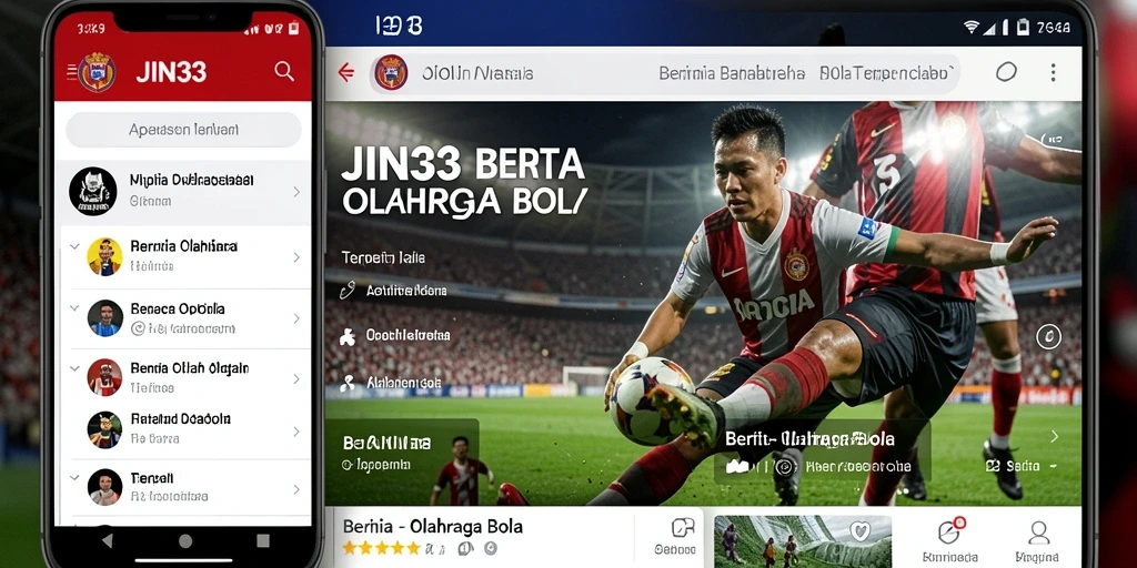 Antarmuka aplikasi JIN33 menampilkan berita olahraga bola terkini.