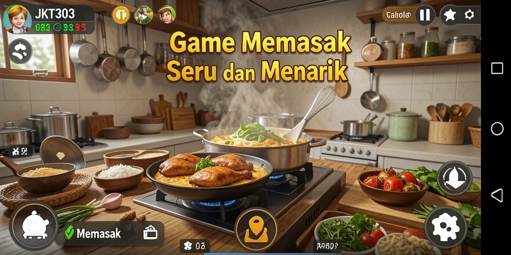 Tampilan antarmuka JKT303 menunjukkan keseruan memasak dalam game.