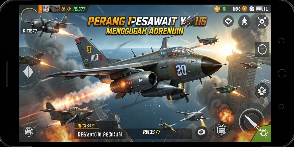 Screenshot antarmuka RICIS77 menampilkan pertempuran pesawat yang mendebarkan.