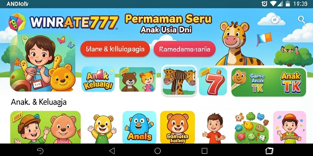 Screenshot utama aplikasi WINRATE777 menampilkan permainan edukatif untuk anak-anak.